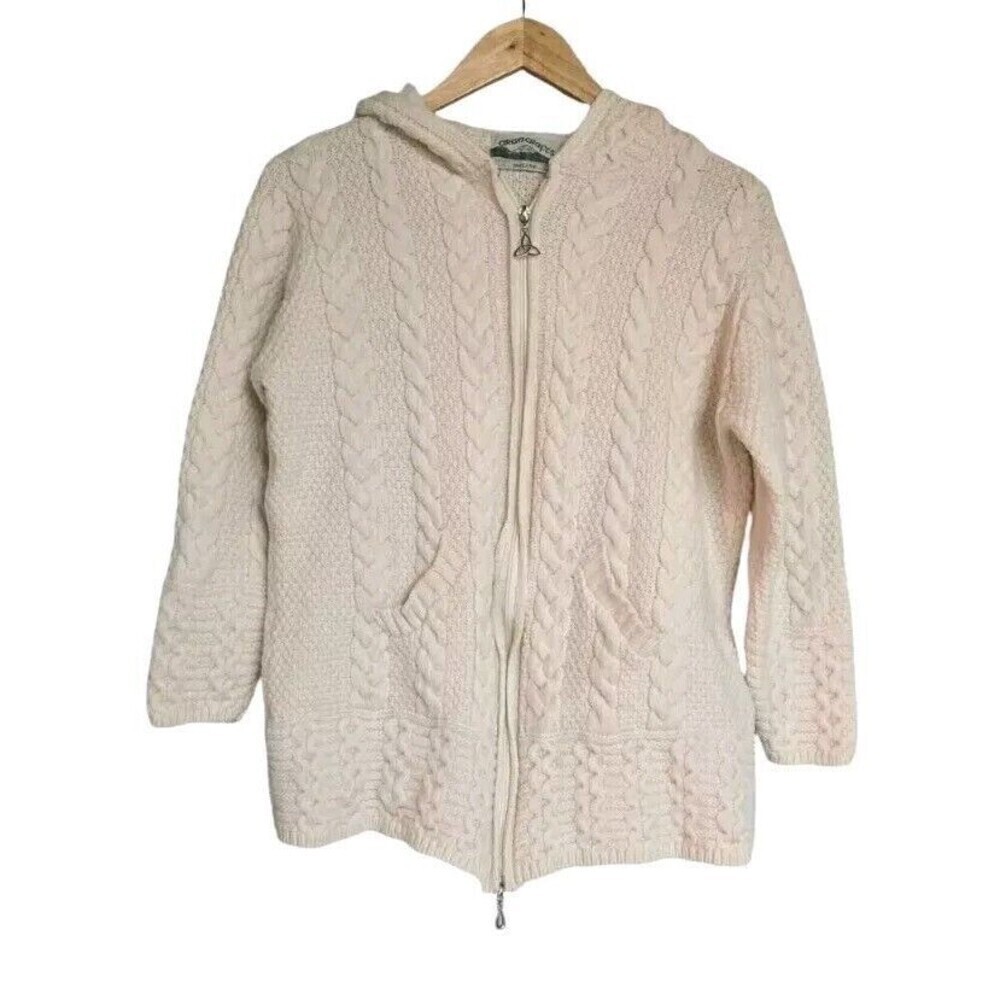 Arancrafts Coatigan Marino Wool Cream Cable Knit Hooded Ireland Medium